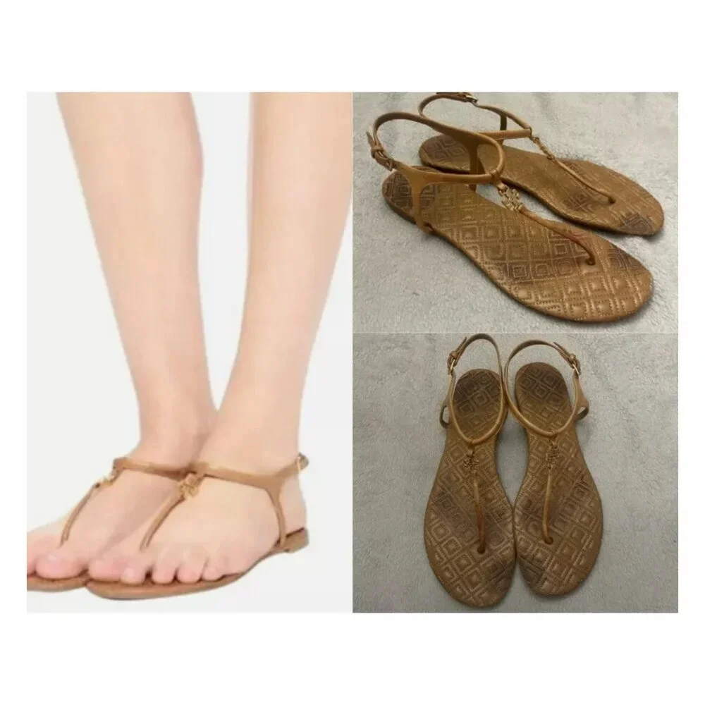 Tory Burch Tan Marion Quilted Leather Thong Sandals Size 9M